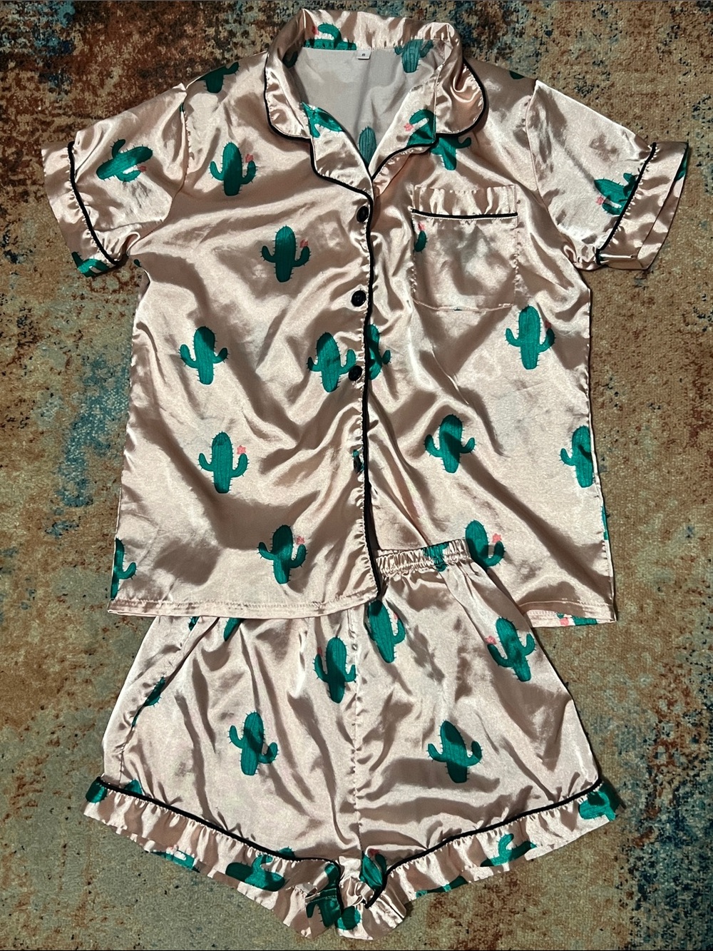 Satin Pajama Set - Cactus on Blush (small but fit is XS)